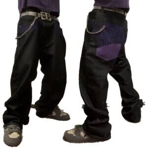 VTG 2000s Y2K Skater Grunge M2 Black & Purple Jeans Sz 38x32 10In Leg Opening
